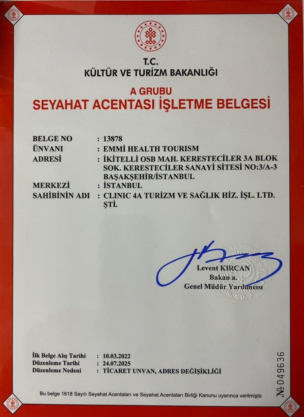 Reisebürolizenz Gruppe A, Nummer 13878, Ministerium für Kultur und Tourismus der Republik Türkei